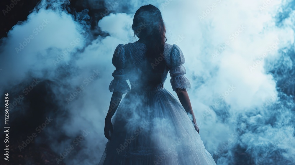 Fototapeta premium Woman in White Dress Amidst Blue Smoke