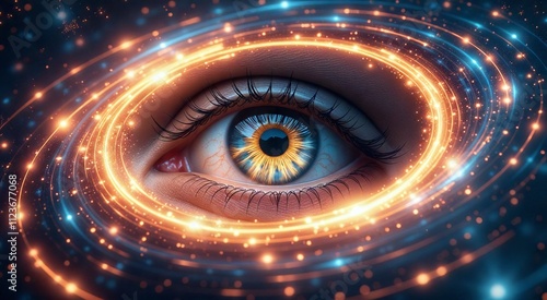 Exploring the depths of consciousness through the enchanting gaze of a cosmic eye in a mystical universe of swirling energies photo