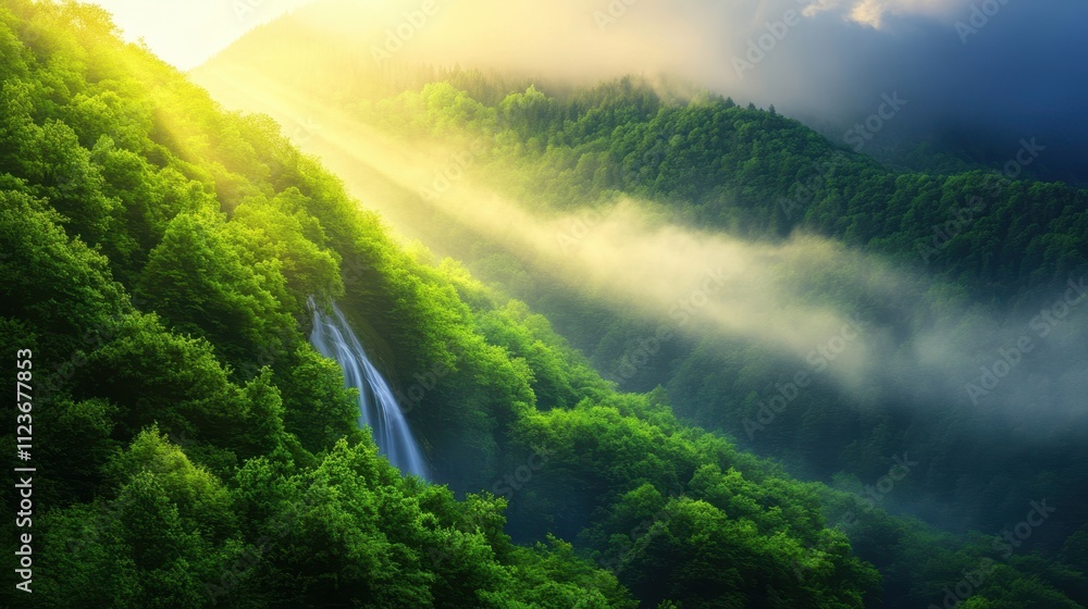 A serene landscape showcasing lush green hills with a cascading waterfall, illuminated by soft sunlight and mist, Ideal for nature-themed projects, travel promotions, or wellness materials, A serene landscape showcasing lush green hills with a cascading waterfall, illuminated by soft sunlight and mist, Ideal for nature-themed projects, travel promotions, or wellness materials,