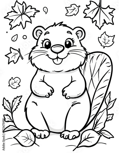 Fall coloring book page art: Cartoon Beaver with Autumn Leaves