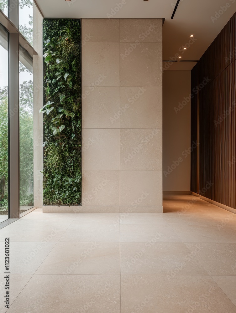 Fototapeta premium Sustainable Luxury: Elegant Green Building Lobby with Stone Flooring, Vertical Garden & Soft Daylight