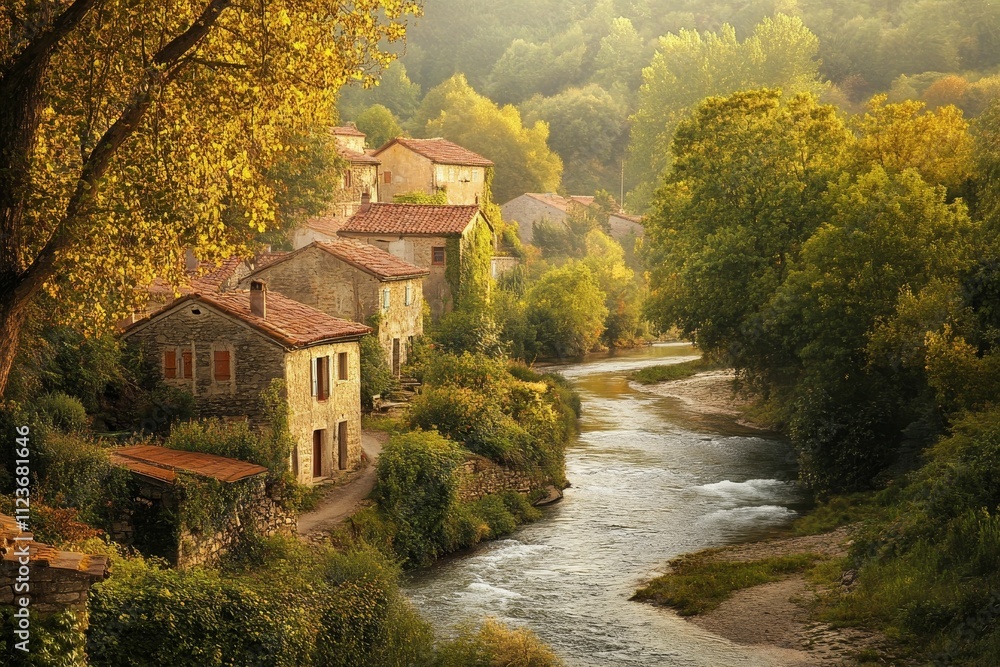Obraz premium Stone houses, autumn leaves, river, tranquil village scene.