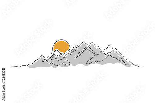 Mountains and sun - continuous line drawing. One line mountain range landscape background. Rocky peaks in simple linear style. Minimalist illustration of sunset in the mountains.