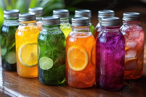 Brightly colored detox drinks arranged on a wooden kitchen countertop at home photo