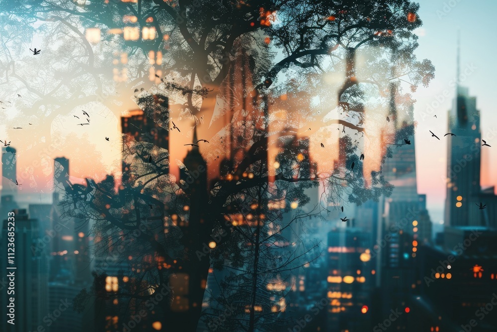 Fototapeta premium City skyline bathed in warm sunlight with clouds drifting over a serene landscape at sunset