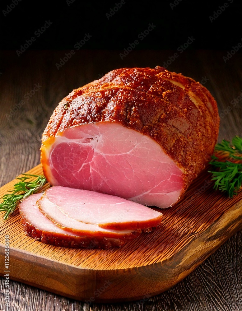 joint of cooked ham on a chopping board