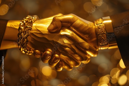 Golden hands engaged in a handshake symbolize unity and collaboration in a public park during daytime