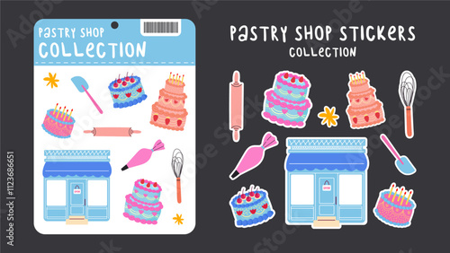 Pastry shop street fair stalls. Cartoon illustration of stalls with sweet cheesecakes, cupcakes, bento cakes. Kitchen utensils. Cartoon doodle retro vector stickers