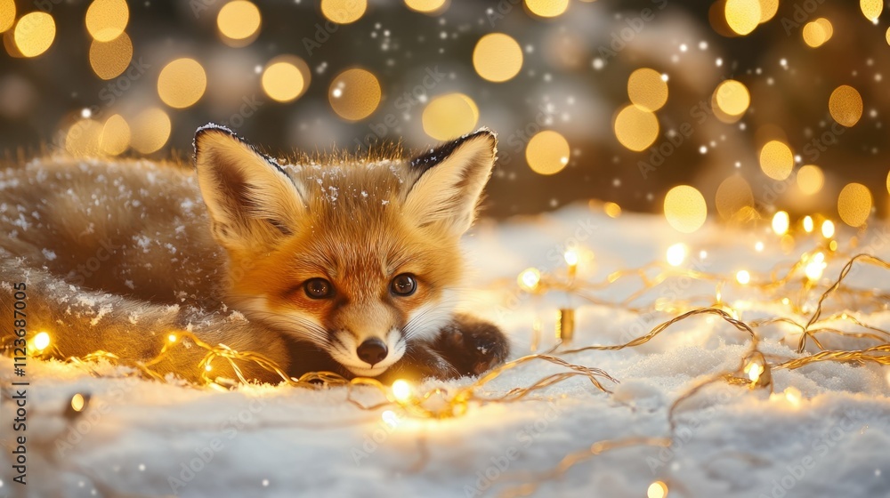 Fototapeta premium Fox cub surrounded by glowing Christmas lights lying on a snowy festive background with blurred golden bokeh warm studio lighting