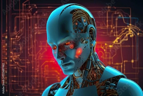 3d rendered illustration of a robot head, evil robot with red coded background speaking, artificial intelligence robot talking with evil intensions with red eyes, a cyborg generative AI photo