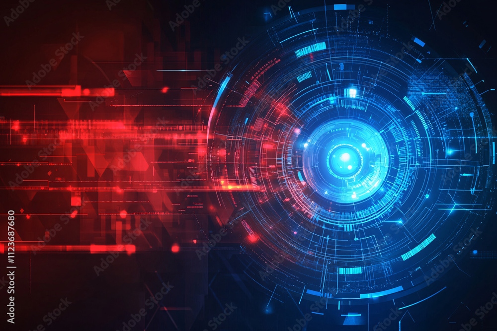 Obraz premium A futuristic blend of red and blue circular tech patterns with glowing effects and motion trails creating a high-tech aesthetic 