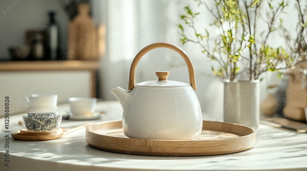 Fototapeta premium White modern ceramic teapot with a wooden handle on a round tray minimalist kitchen background with soft natural lighting