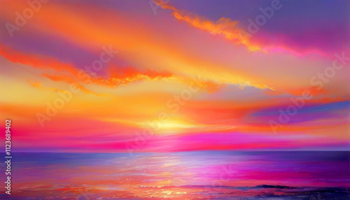 Vibrant sunset colors reflect on tranquil ocean waters at dusk
