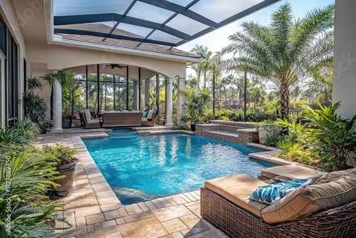 Luxurious florida pool area inviting relaxation on a sunny day photo