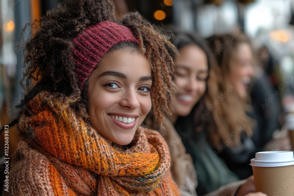 Young woman smiling with friends at outdoor cafe in autumn Young woman smiling with friends at outdoor cafe in autumn