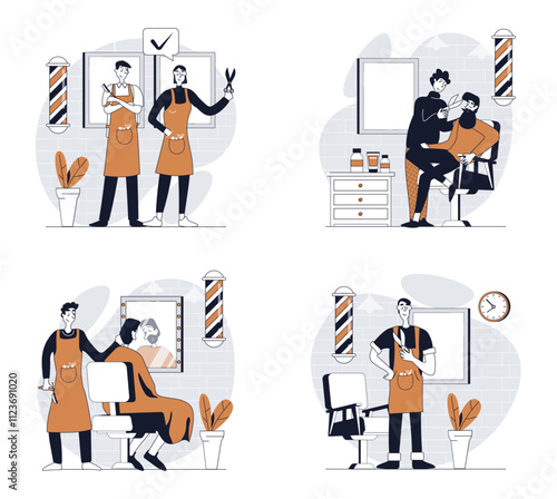 Barbershop concept set in flat design for web. Collection with people getting professional haircut and styling, hairdressers shaving beard and mustaches, doing care treatment. Vector illustrations.