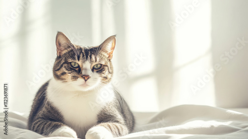Wallpaper Mural A tabby cat lounging on a soft bed in a sunlit room during the morning hours, enjoying the warm sunlight streaming through the window Torontodigital.ca