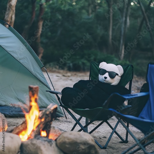 Hellokitty Enjoys Comfortable Camping With a Cozy Setup in Nature. Generative AI photo