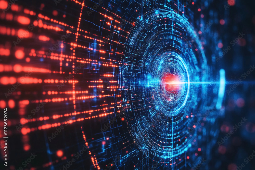 Fototapeta premium dynamic perspective of red and blue glowing digital elements connected by intricate circuitry with futuristic technology vibe