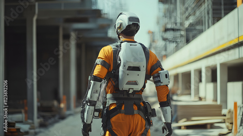 A sleek AI-powered exoskeleton helping a worker lift heavy materials at a construction site.