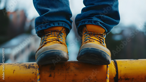 A close-up of a bungee jumpers feet as they step off the platform into a freefall. photo