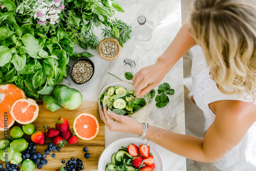 A woman is preparing a salad with a variety of fruits