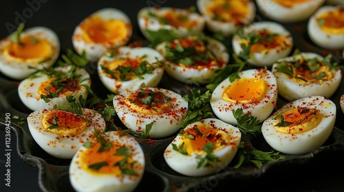   A platter of perfectly poached deviled eggs adorned with decorative toppings