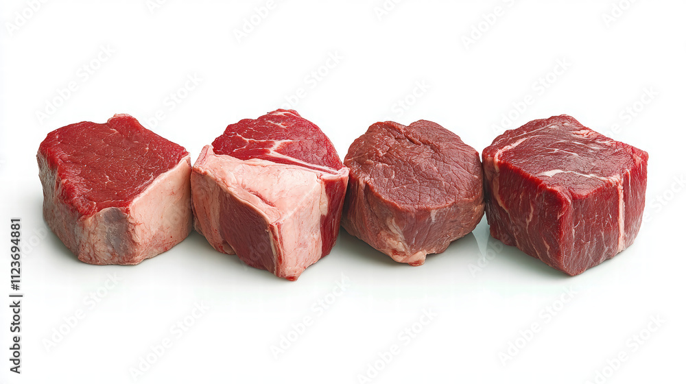 Four fresh raw beef steaks arranged in row on white background Four fresh raw beef steaks arranged in row on white background
