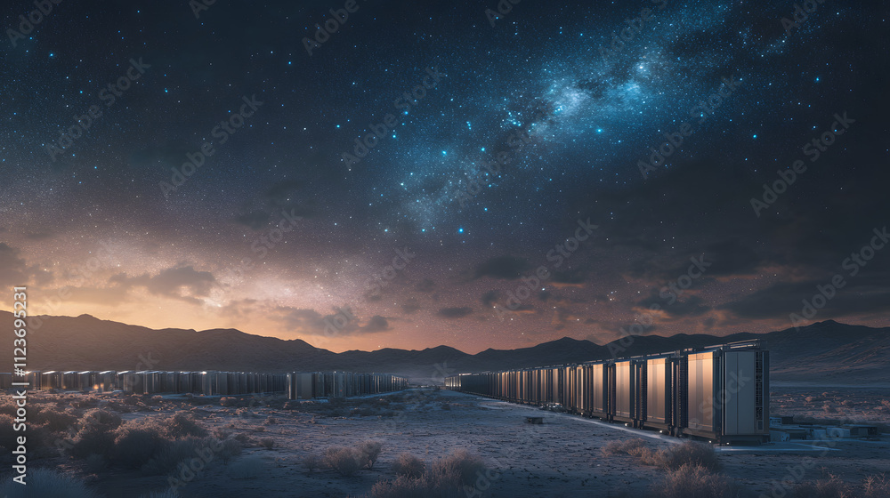 Fototapeta premium A sprawling AI server farm in a desert under a starry sky.