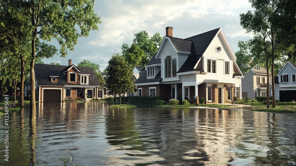 Obraz premium Suburban homes flooded by rising water.