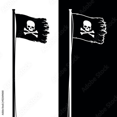 Pirate flag. Jolly Roger, a black pirate flag with Adam's head (human skull) and bones. Symbol of sea robbers and plunderers.