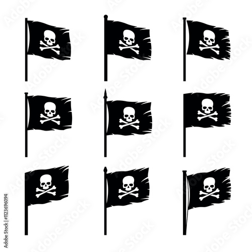 Pirate flag. Jolly Roger, a black pirate flag with Adam's head (human skull) and bones. Symbol of sea robbers and plunderers.