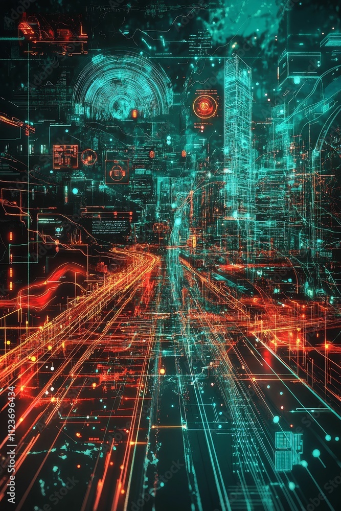 Fototapeta premium Abstract cityscape, glowing lines, digital data streams.