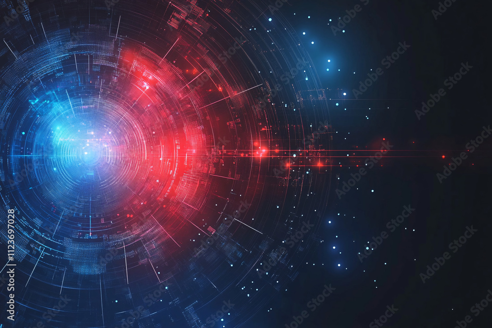 Obraz premium circular digital interface with glowing red and blue elements on a dark background symbolizing futuristic innovation and energy