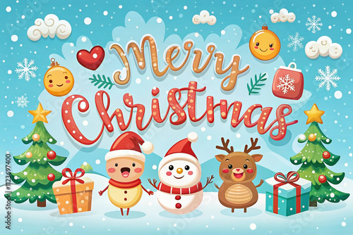 Cute cartoon snowman, reindeer, and Santa Claus wish Merry Christmas with gifts and snow.