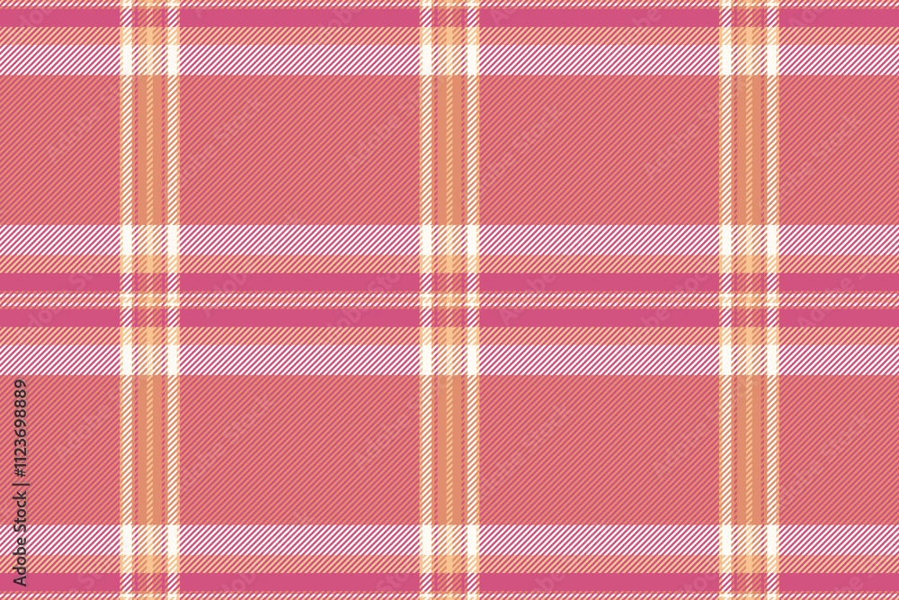 1960s texture fabric background, comfort plaid seamless check. Decorating tartan vector pattern textile in pink and orange colors.