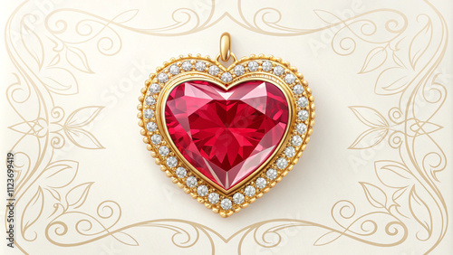 Generative ai. Heart-shaped ruby pendant, diamond-encrusted gold setting, luxurious jewelry, intricate filigree background, romantic Valentine's gift, high-end gemstone, brilliant cut, deep red gem