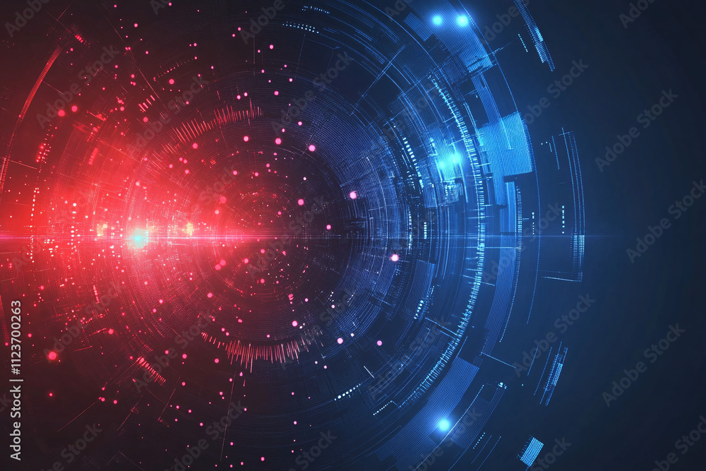 Fototapeta premium a futuristic red and blue digital vortex with glowing particles and concentric rings creating a high-tech abstract design 