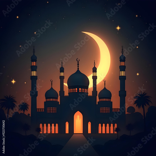 silhouette of mosque in night ,view of the mosque , lantern beautiful Night , islamic touch eid mubarak