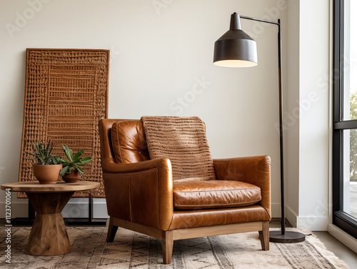 Modern nomadic style living room with leather armchair and simple earthy color decor. photo