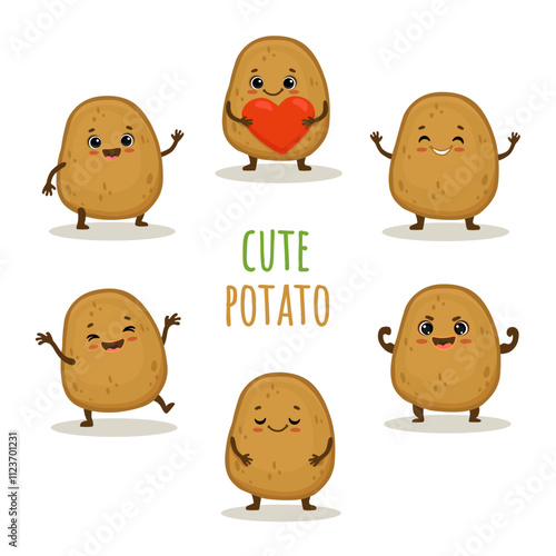 set of Cute cartoon potato characters with emotions. Cute potato with smile isolated on white background. Potato in different poses. Vector illustration.