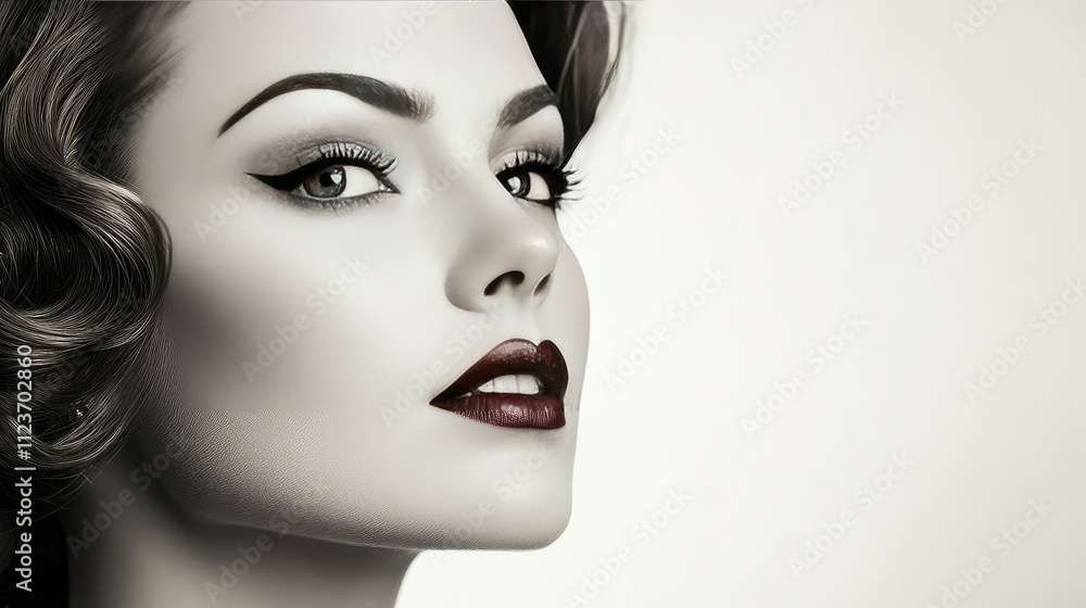 Fototapeta premium Woman in 1940s makeup exudes timeless beauty in studio portrait