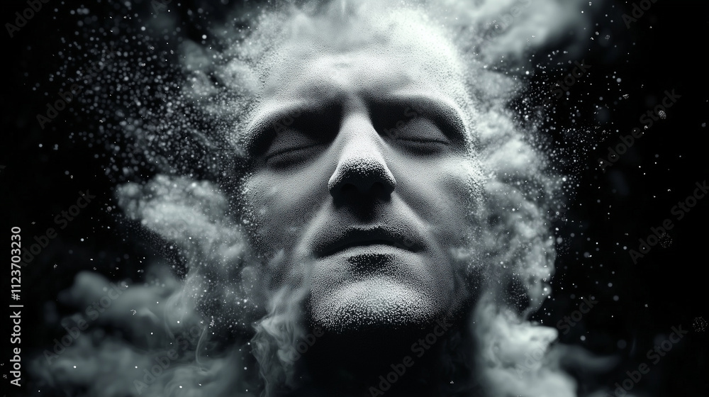 A monochrome face disintegrates in slow motion, the particles forming intricate patterns in the air, representing the ethereal bridge between dreams and reality A monochrome face disintegrates in slow motion, the particles forming intricate patterns in the air, representing the ethereal bridge between dreams and reality