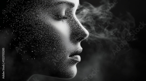 A grayscale face dissolves from the edges inward, the particles dispersing like smoke into a serene void, symbolizing the impermanence of self-awareness
