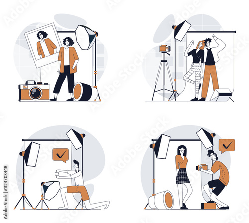Photo studio concept set in flat design for web. Collection with people getting professional photography shot, posing for portrait, photographer working at fashion shooting. Vector illustrations.