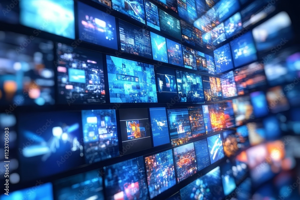 Fototapeta premium Numerous screens display diverse, glowing data streams.
