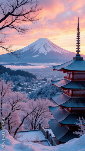 Vertical  Sunset over mount fuji with snow-covered pagoda and serene lake view
