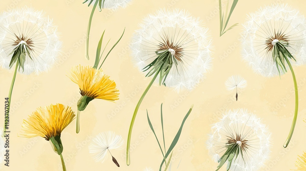 Obraz premium Dandelion cluster on yellow backdrop with wind-blown pattern