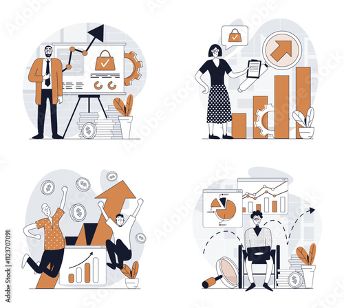 Sales performance concept set in flat design for web. Collection with people making finance analysis, achieving e-business progress and profit rise at arrow charts and graphs. Vector illustrations.