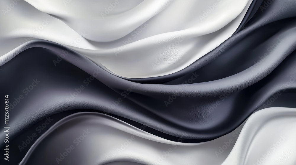 Fototapeta premium Flowing silky fabric in shades of black and gray creates an elegant and dynamic visual effect in a minimalist design setting